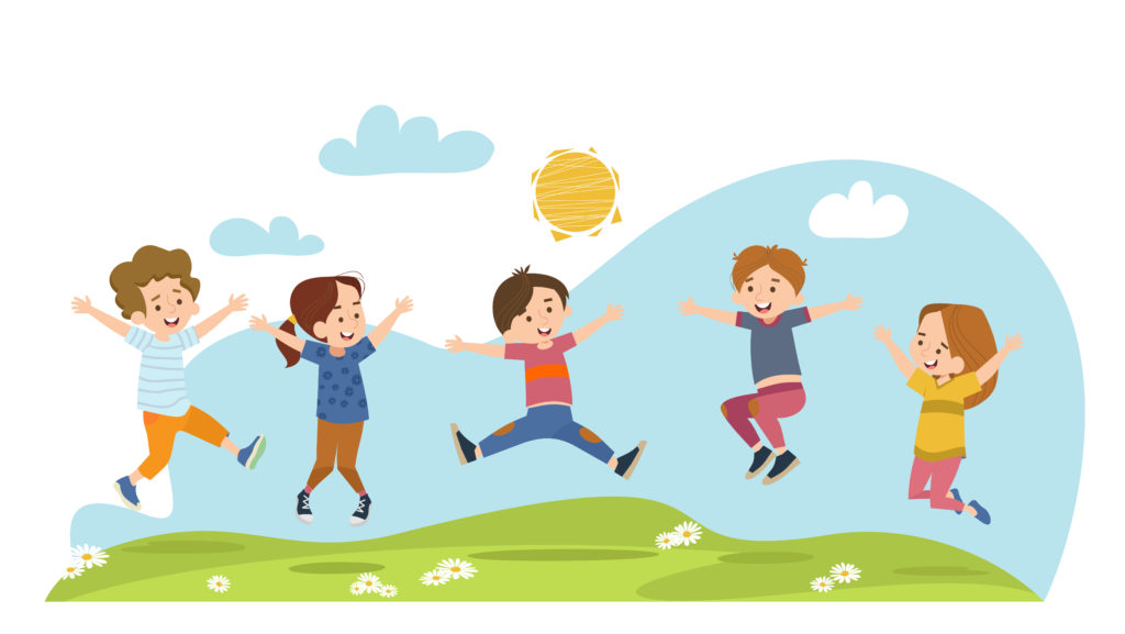 Happy children jumping on summer meadow flat vector illustration. Cartoon boys and girls playing in park at daytime. 