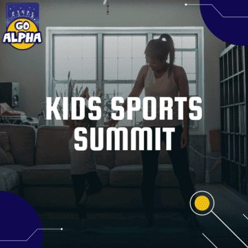 Promotional graphic for the Go Alpha Kids Sports Summit. A mother and child in Pune high-five during an at-home fitness activity.