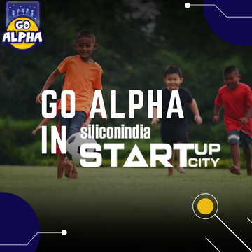 Announcement that Go Alpha was featured in Siliconindia Startup City, shown over a photo of three happy boys playing football in a Pune park.